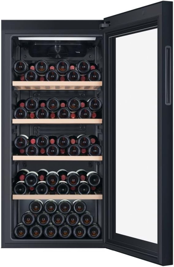Haier Wine Cooler with door open, showing shelves filled with wine bottles