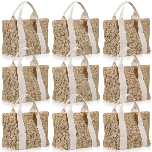 Paterr 10 Pcs Mini Beach Straw Bags for Bachelorette Favors Burlap Tote Bag with Handle for Bridesmaid Bridal Shower Gifts (S White)