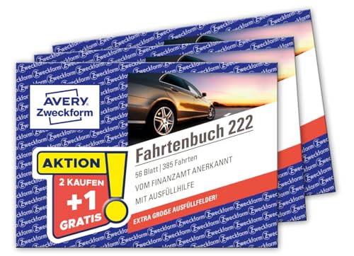 AVERY Zweckform 222-3P Softcover Fahrtenbuch PKW 3er-Set (Finanzamt anerkannt DIN A6 quer 148x105mm 112 Seiten|385 Fahrten Deutschland & Österreich Abgrenzung privater/geschäftlicher Fahrten)