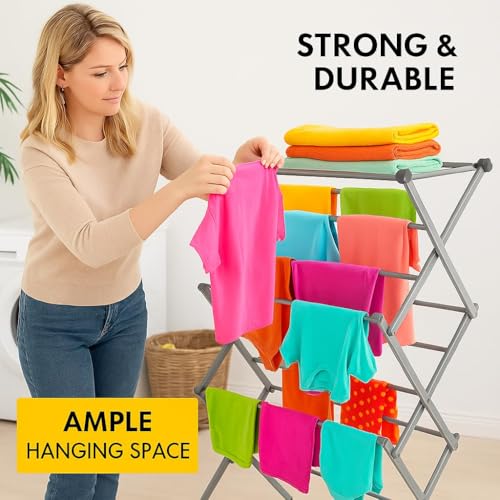 UR CHOICE 3-Tier Foldable Clothes Airer Drying Rack, 12M Indoor & Outdoor Clothes Horse with 11 Thickened Poles | Space Saving Laundry Stand for Towels & Garments | 20kg Load, 73×37×115cm - Image 7