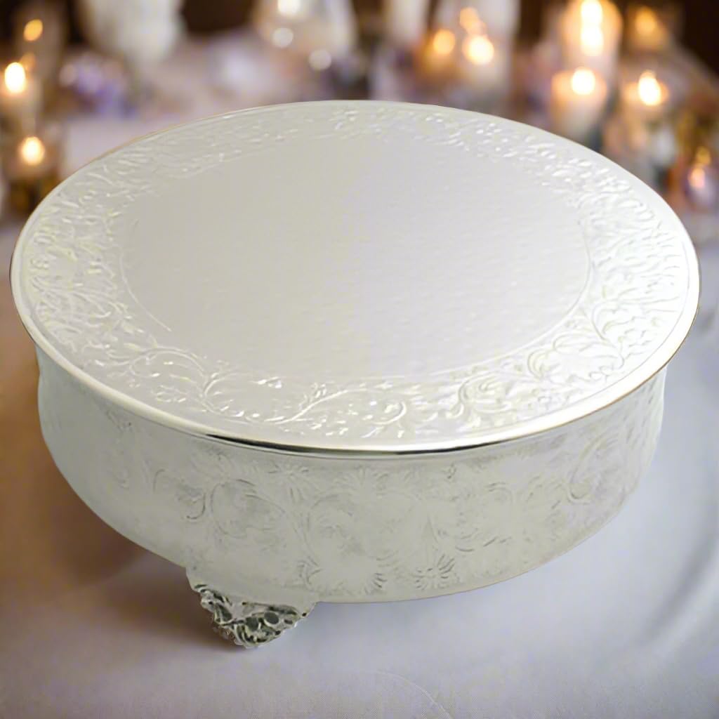 Silver 22" Wedding Cake Plateau. Embossed Luxurious Floral Design Tray. Metal Cake Stand Riser. Wedding Birthday Party Dessert Cake. Pedestal Display Catering Buffet Plate
