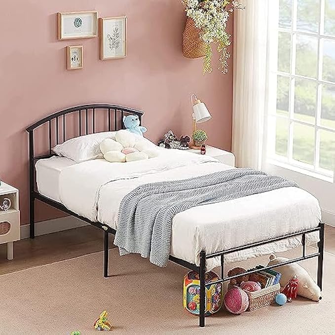 VECELO 14 inch Twin Bed Frame Metal Platform Mattress Foundation with headboard Footboard Steel Slat Support/No Box Spring Needed/Easy Assembly, Black