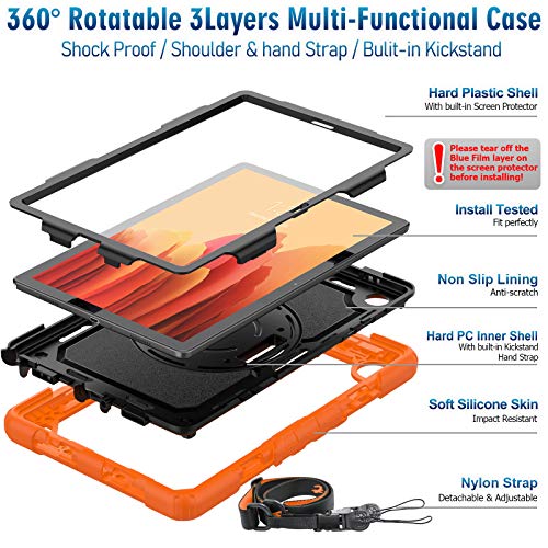 Timecity Case For Samsung Galaxy Tab A7 (10.4 Inch) 2020/2022, Sm-T500/ T503 Case, Durable Sturdy Case With Screen Protector Swivel Stand Hand Shoulder Strap Drop-Proof Galaxy Tablet A7 Case - Orange #TOP6