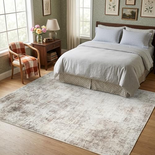 Tapete de área 5x7 beige y marrón lavable antideslizante miniatura 6