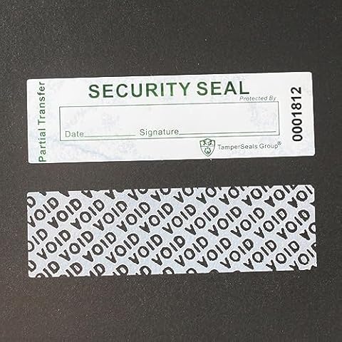 TamperSeals Group - 100pcs Partial Transfer Tamper Proof Security Warranty Void Stickers/Labels/Seals with Holographic Laser Print (White, 1 x 3.35 Inches, Serial Numbers) Cover