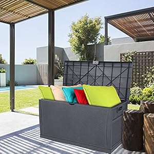 VINGLI 120 Gallon Large Deck Box Outdoor Storage Box with Lid Plastic Patio Furniture Container Bin Rattan Grain Surface for Cushions Books Garden Tools Pool Accessories Grey