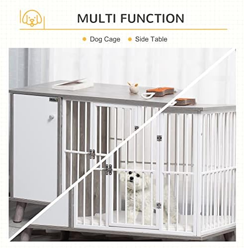 PawHut Dog Crate Pet Kennel Cage Large Top End Table w/ Side Cabinet Soft Cushion for Small Dogs Grey 98 x 48 x 70.5 cm