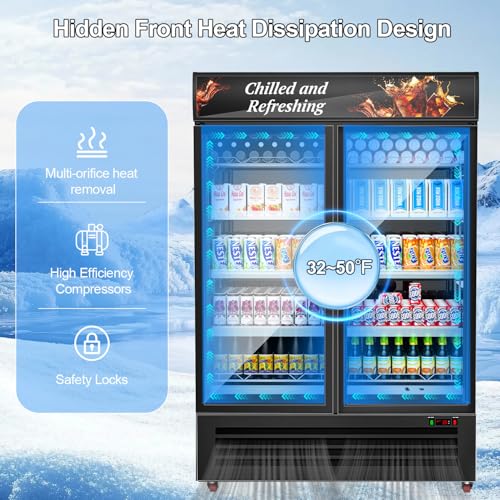 Image of Tylza Commercial Refrigerator, Double Glass Door Display Beverage Fridge, 26.49 Cu Ft Upright Beverage Cooler Merchandiser with Replaceable Advertising Light Board, Rebound Door, Fast Cooling, Black