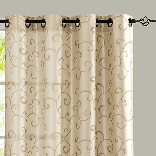 Jinchan Curtains Light Gold 84 Inches Living Room Drapes Faux Silk Dupioni Swirl Embroidery Grommet Top Window Treatment Set Embroidered Drapery Bedroom Curtain Set 2 Panels #TOP14
