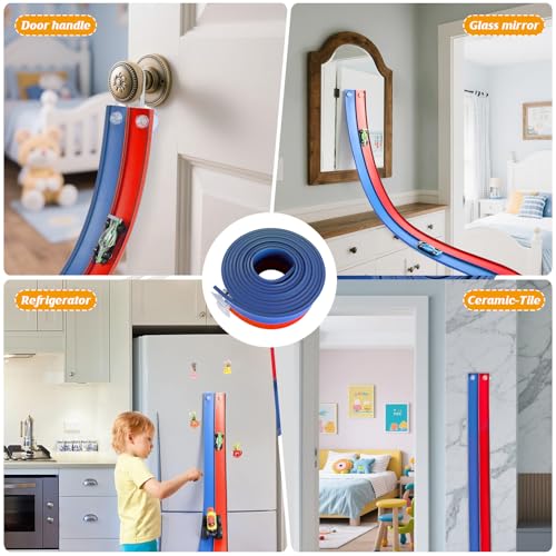 Image of Flexible Race Car Track 15 Ft Starter Set with Suction Cups Compatible with Diecast 1 /64th Car for Ages 3 & Up Classic Blue and Red Double Track Long Rolls Up Portable Racetrack