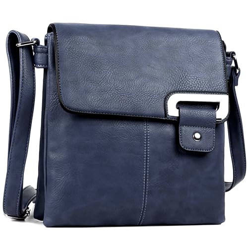 AOSSTA Womens Cross Body Shoulder Messenger Bag Multiple Slip and Zip Pockets Handbag with Storage Pocket Adjustable Strap (Navy)