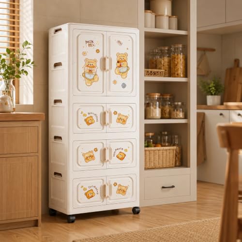 Image of Mevigo 4-Door Plastic Wardrobe for Kids| Almirah and Wardrobe for Baby Clothes| Modular Storage Cabinet with Wheel Organizer for Cupboard Rack for Clothes /Shoes /Books /Toy -White-70313