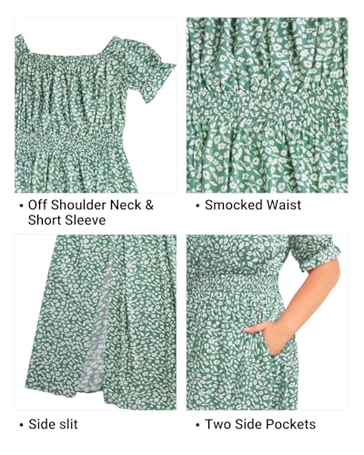 Image of Holipick Women's Off The Shoulder Boho Dress Plus Size Floral Smocked Waist Split Summer Maxi Sundress with Pockets