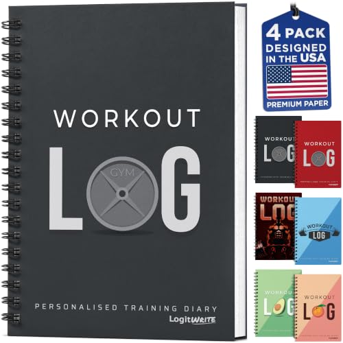 Workout Planner for Daily Fitness Tracking & Goals Setting - 4 Pack, A5 Size, 6” x 8”, Charcoal Gray - Improved Thicker Cover - Men & Women Home & Gym Training Diary - Log Book - by Workout Log Gym