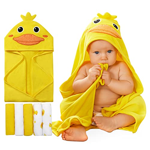 Image of SYNPOS Baby Hooded Bath Towels, Newborn Boys Girls Essential Soft Animal Hoodie Towel with 5 Washclothes, Absorbent and Non-Balling Cotton Bath Blanket for Toddler Infant (Duck, 30.00" x 30.00")