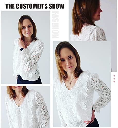 Shewin Womens Long Sleeve Blouses V Neck Lace Crochet Boho Shirts Tunic Tops Dressy Casual For Women 2023 Fashion Trendy,Us 12-14(L),White #TOP4