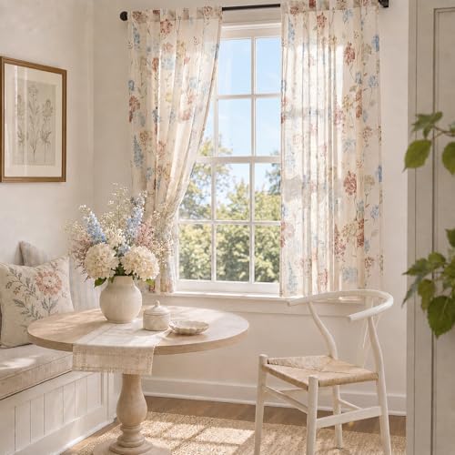 Image of jinchan Floral Linen Curtains 63 Inch Vintage Cottagecore Back Tab 2 Panels