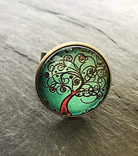 Handmade Lebensbaum Ring 20mm Motiv Glas-Cabochon bronze vintage Statement Damen handgefertigt türkis Baum Zauberbaum Bäumchen Schmuckphantasien uni size verstellbar