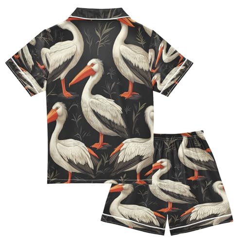 Satin Pajama Sets Short Sleeve Pelican Pattern Print Design Button Down Silky Nightwear 2 Piece PJS 5-14Y2
