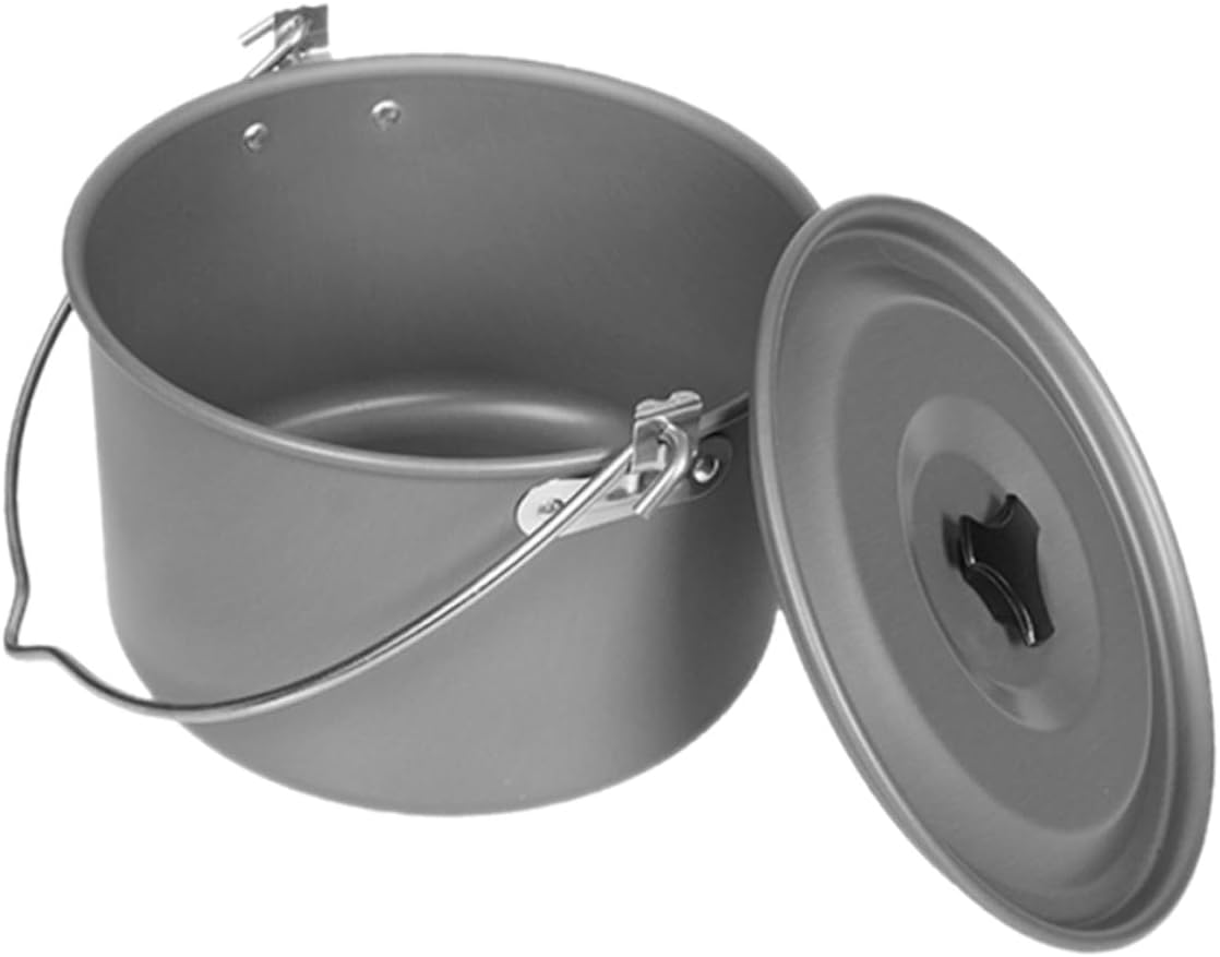 Portable Aluminum Camping Hanging Pot with Lid Even-heat Cooking Pot for People Lightweight Outdoor Mess Kit for Hiking Picnics Bbqs and Backyard Use with Carry Bag