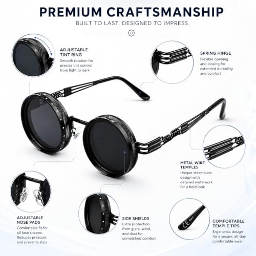 Image of Adjustable Tint Polarized Round Sunglass with Stepless Adjustable Sunglasses for Men,1-9 Gears Beach Sunglasses - Eyewear with Adjustable Lens.