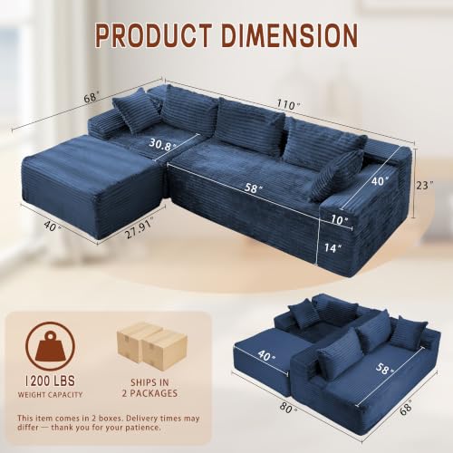 Image of Korser 108 inch L-Shaped Modular Sectional Sofa with Chaise, Boneless Comfy Corduroy Fluffy Couch with Deep Seat and Side Pockets, Flexible Module Combination for Living Room, No Assembly, Side Pockets