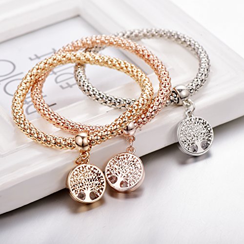 Silaner Crystal Charms Multilayer Bracelets - 3Pcs Gold/Silver/Rose Gold Corn Chain Bracelet For Women, Tree Of Life Heart Shaped Stretch Bracelet(Tree Of Life Round Charm) #TOP1