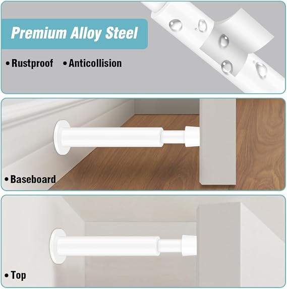 Door Stoppers, Spring Door Stopper for Wall | 4.4 Inch Long Doorstop Wall Protector with Soft Rubber Bumper for Baseboard 2 Pack, White