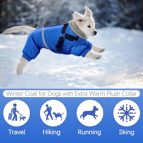 Image of BRKURLEG Blue Dog Winter Coat, Cozy Winter Dog Jackets, Small Dogs Coat with Harness, Onesie Body Warm Puppy Christmas Jacket, Pet Reflective Cold Weather Jackets, Puppy Four-Legged Puffer Coats,L