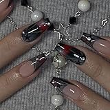 BABALAL French Tip Press on Nails Long Coffin Fake Nails Black Glue on Nails Cherry Star Rhinestone Acrylic Nails 24Pcs Ballerina Y2k Goth Manicure Artificial False Nails for Women and Girls