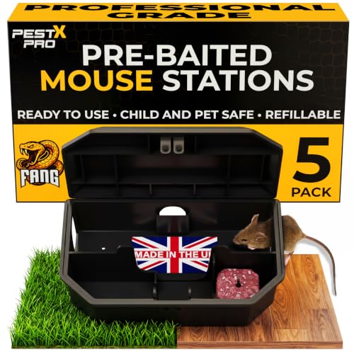 Pest X Pro Fang Pre-Baited Mouse Bait Stations Secure Mouse Poisoning Indoor and Outdoor Use Mice Pre Baited Bait Boxes with Brodifacoum for Effective Rodent Control (5 Pack)