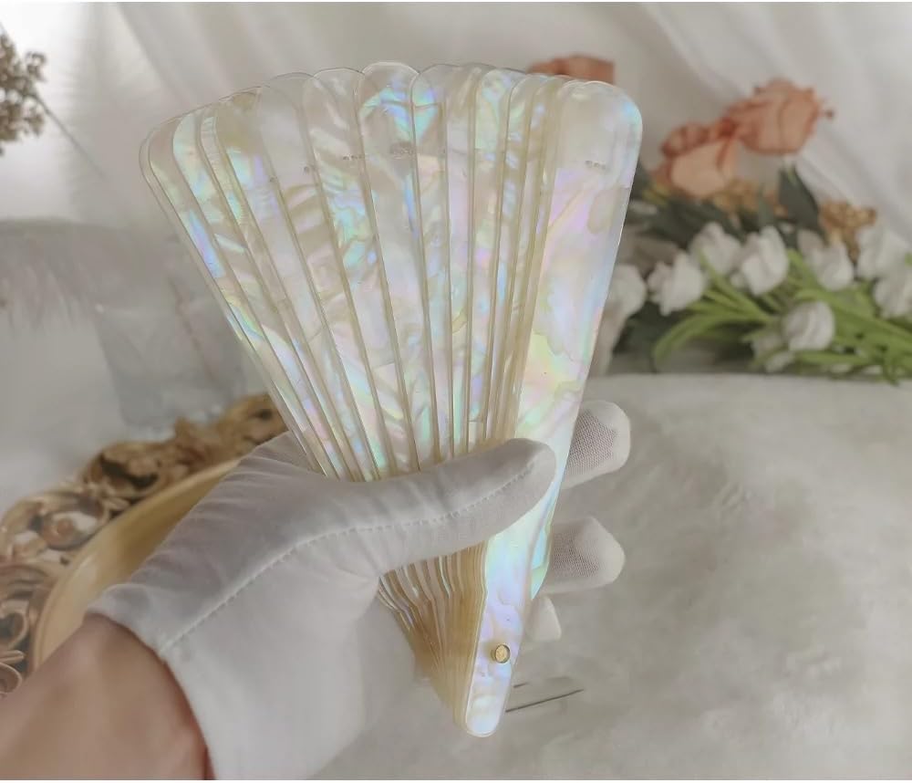 Abalone Shell Folding Hand Held Fan Natural Mother of Pearl Inlay Queen Fan for Women 12.6" x 7.9" (Oil Flower Shell, White)