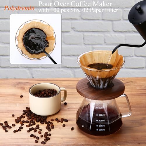 Polydremio Pour Over Kaffeebereiter, 600 ml Borosilikatglas-Karaffe mit 100 Stück Papierfilter Größe 02, Walnuss-Griff und Glasdeckel, transparent