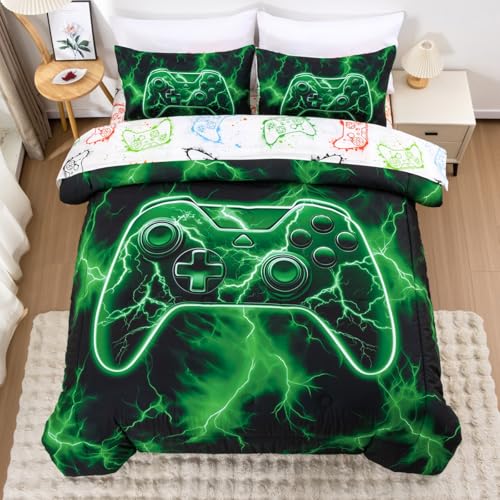 Meeting Story Queen Size Bedding Set, Gaming Bedding Set for Boys, 5 Pieces 3D Game Controller Design Gamer Comforter, Cool Lightning Theme Boys Queen Size Comforter Set(Green)