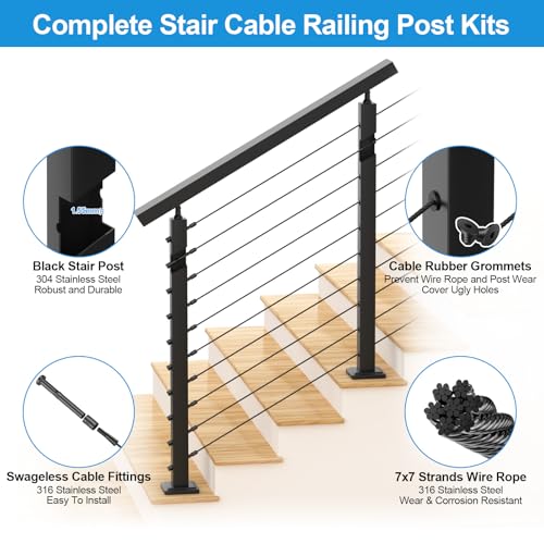 Image of 36 inch Complete Stair Railing Post Kits, Adjustable Top Stair Cable Post System Includes 2Pack 35 inch Stair Posts, 4.5FT Cable Handrail, 150FT Wire Rope, Black Swageless Deck Cable Railing System