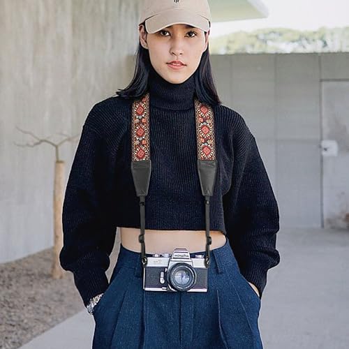 Image of Padwa Lifestyle Red Flower Camera Strap - 2 inch Full Grain Leather Ends Camera Straps for Photographers, Vintage Embroidered Cotton Weave Soft Suede Fabric Padded Strap Quick Release fits All Cameras