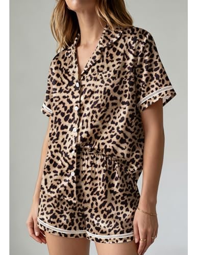 Image of Ekouaer Womens Silk Pajama Sets Button Up Satin Pjs Short Sleeve 2 Piece Pj Sets Cute Lounge Sets with Chest Pocket