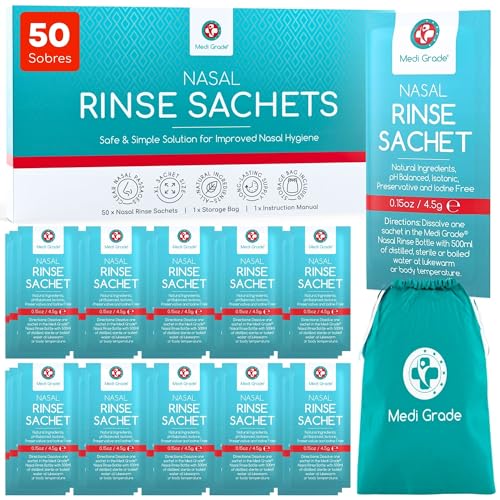 Medi Grade Sal de Lavado Nasal Todo Natural – Set Limpiador Nasal de 50 Sobres con Bolsa para Guardar – Disfruta de un Lavado Nasal en Casa y de Viaje con Nuestra Solución Descongestionante Nasal