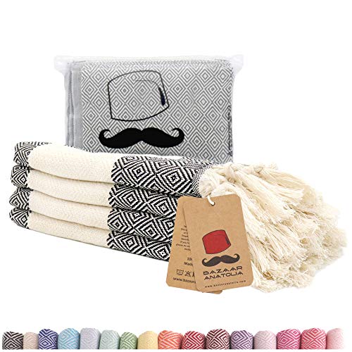 Bazaar Anatolia Turkish Hand Towel Set of 4 Diamond Peshtemal Towel 100% Cotton