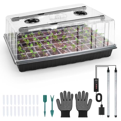 Mulctun 60-Cell Seed Starter Tray with Grow Light, Seedling Starter Trays with 4.08" Humidity Dome, Self-Watering Plant Germination Trays,Seed Starter Kit for Seeds Growing (Black)
