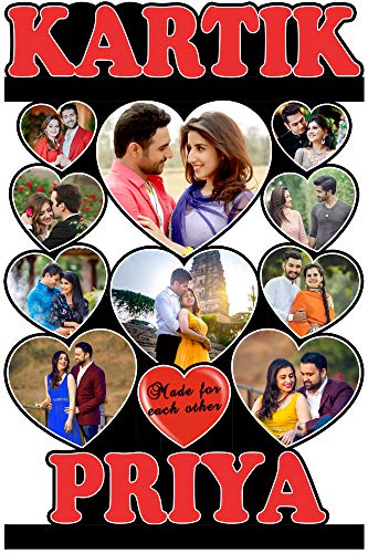 Image of Shrikant Art Personalized inchMade For Each Other inch Multi-Photo Collage Wall Hanging - Large 18x12 Inch Custom Name Wooden Frame with 10 Heart-Shaped Photo Slots for Couples