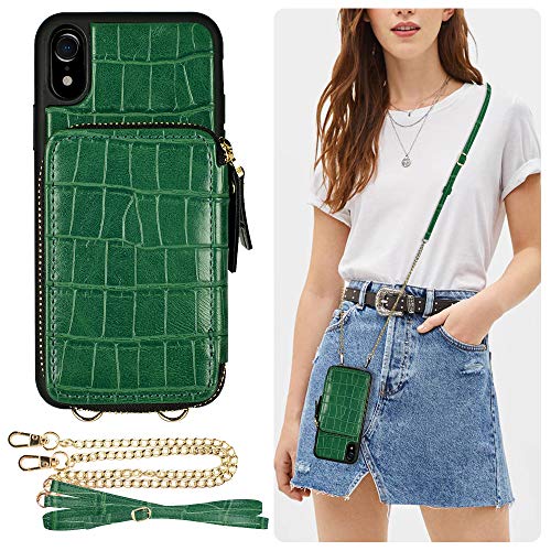 Promo 40% OFF iPhone XR Wallet Case, ZVE iPhone XR Zipper Case with Credit Card Holder Slot Crossbody Chain Strap Purse Shockproof Protective Crocodile Grain Leather Case Cover for Apple iPhone XR, 6.1 inch - Green