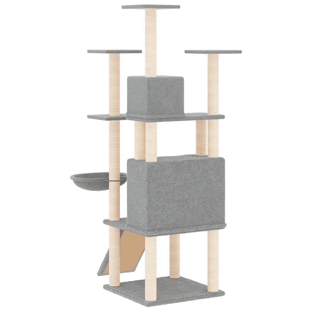 Rascador con columnas rascadoras de sisal, gris claro, 154 cm, para gatos con varios pisos, cuevas, hueco para tumbarse y rascarse, madera estable, lavable, ahorra espacio, ideal para casa y