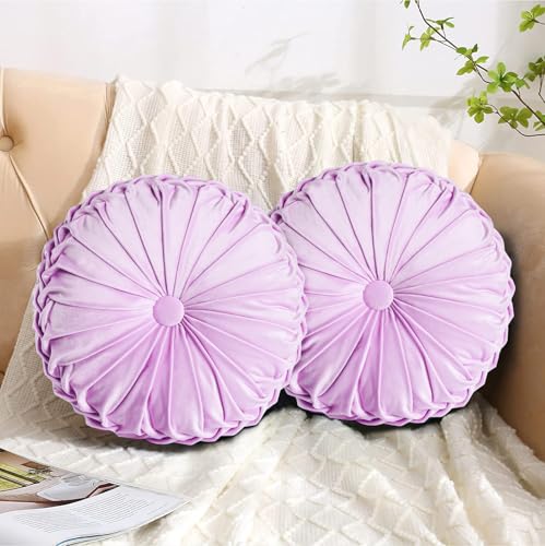 Decorative Round Pleated Throw Pillows (Set of 2) Light Purple