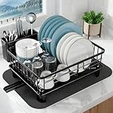 niffgaff Escurreplatos vajilla negro (37,5 x 28 x 14,5 cm), escurreplatos de acero inoxidable con alfombrilla de secado rápido para platos