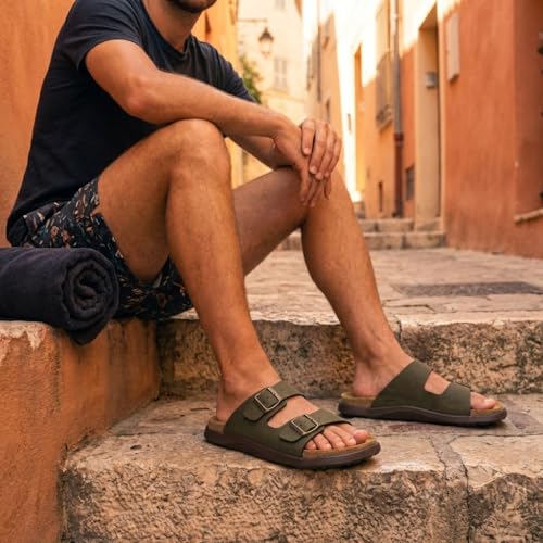 Image of CUSHIONAIRE Mars Double Buckle Slide Sandals for Men with Arch Support, Cork Footbed and EVA Outsole