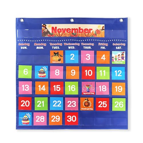 Fun Classroom Calendar with Educational Cards, Monthly Pocket Chart, Teacher’s Calendar with 88 Cards, Monthly Pocket Chart for Teachers, Classroom Decoration (Blue)