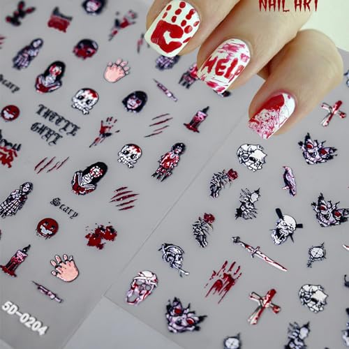 Halloween Nail Stickers Horror Nail Art Stickers Scary Spooky Skull Nail Design Stickers Blood Scar Devil Eyes Nail Art Stickers for Gel Nails,Nail Decor for Women (Halloween Series 6 Sheet) - Image 3