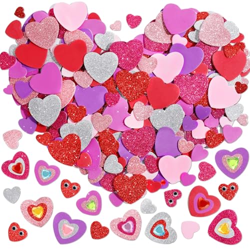 Japior 864 Pcs Valentines Foam Heart Stickers, Self Adhesive Glitter Heart Shaped Stickers with Gem Diomand and Googly Eyes for Valentine Craft Supplies