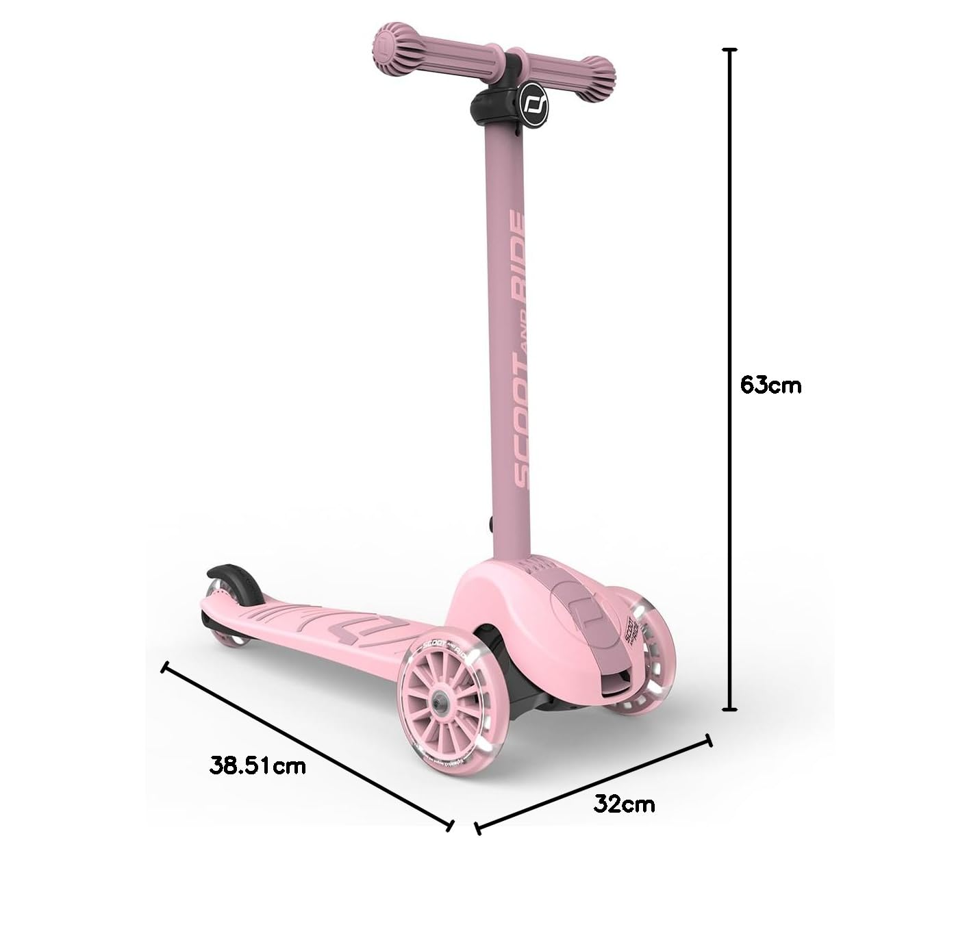 Scoot & Ride Highwaykick 3S Patinete infantil a partir de 3 años, altura regulable, 2 posiciones, dirección LED, ruedas plegables para niños, 96 – 130 cm